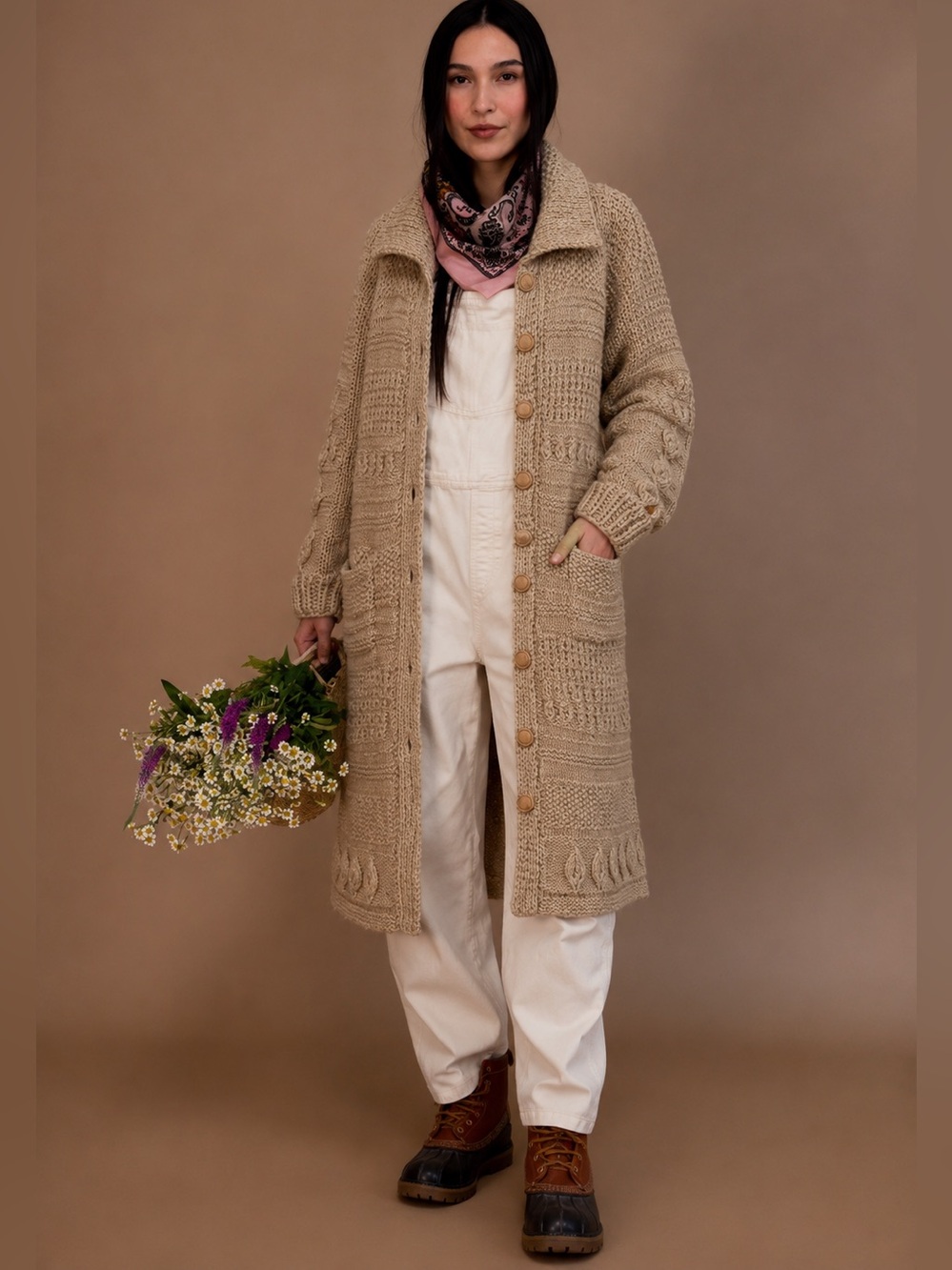 Boho Chunky Hand Knit Oatmeal Longline Cardigan Baubles Leaves